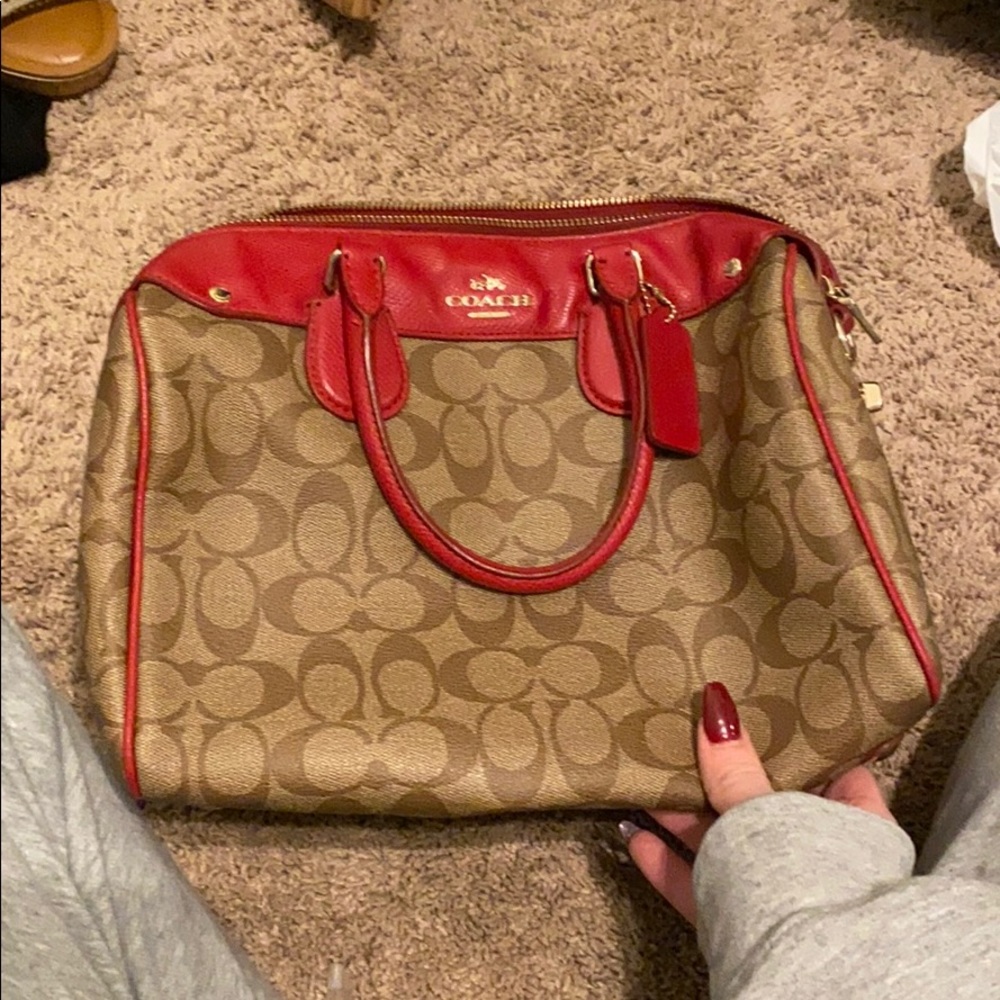 red and tan coach purse